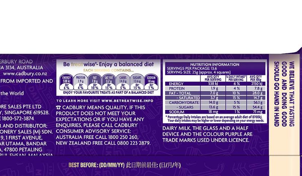 Pack photograph of Cadbury Dairy Milk Large Fruit & Nut Chocolate Block 340g showing the printed nutrition panel