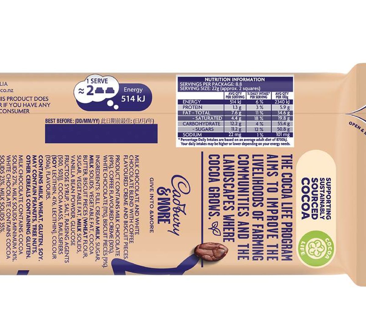Pack photograph of Cadbury & More Tiramisu Swirl Chocolate Block 195g showing the printed nutrition panel