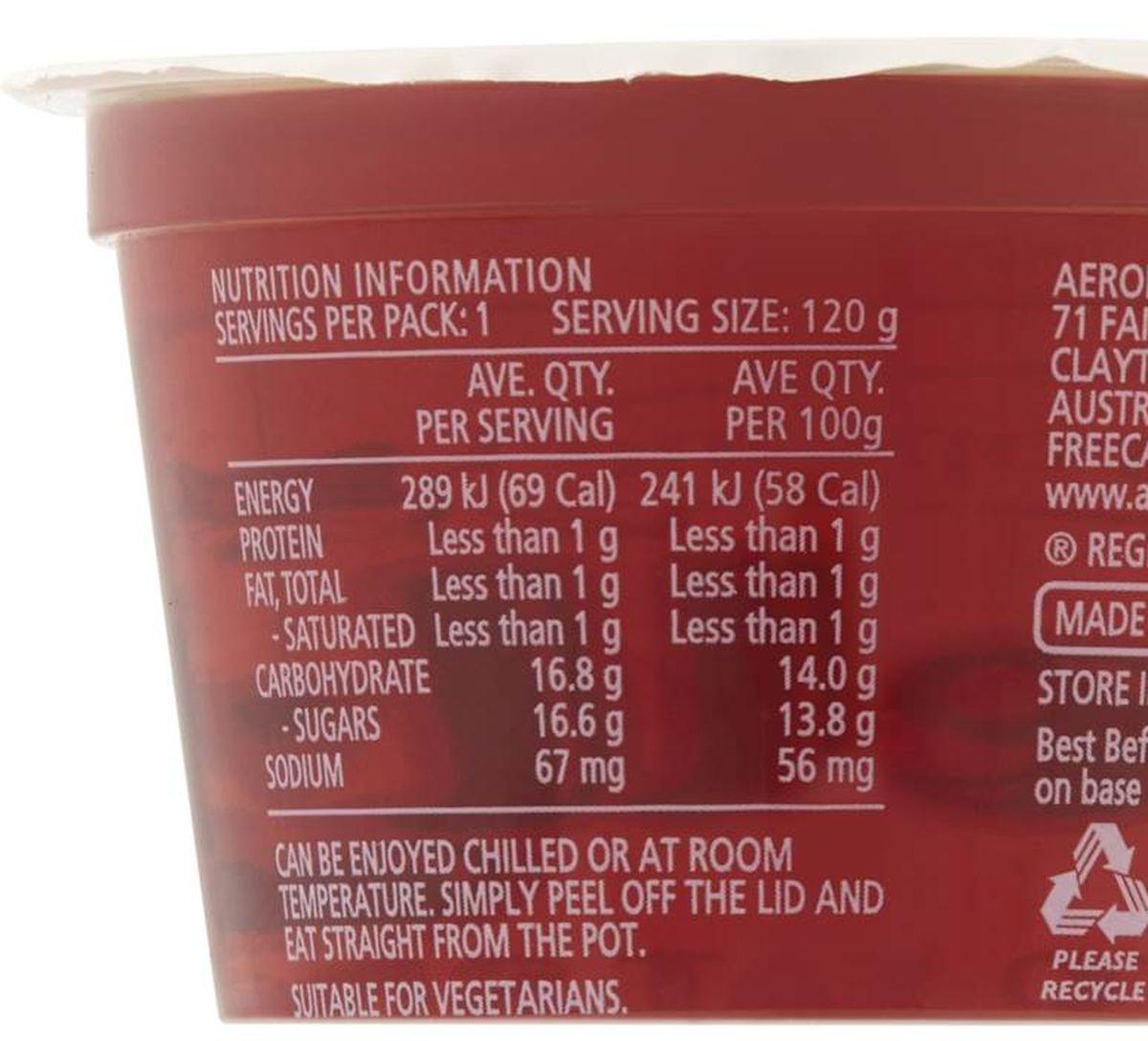Pack photograph of Aeroplane Ready To Eat Jelly Cup Snack Strawberry Flavour 120g showing the printed nutrition panel