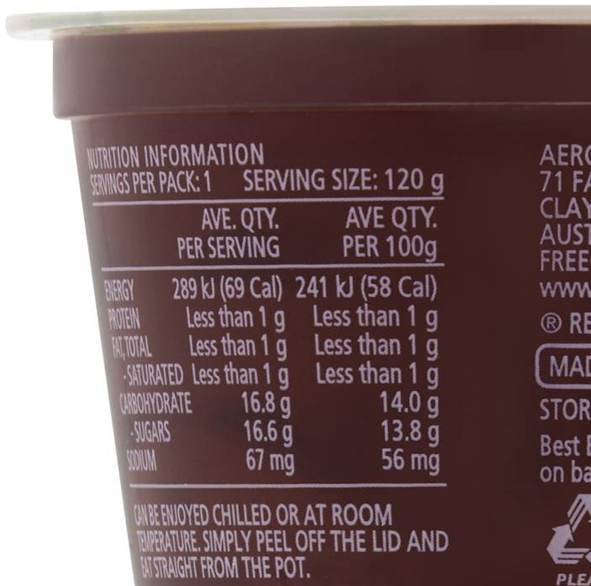 Pack photograph of Aeroplane Ready To Eat Jelly Cup Snack Raspberry Flavour 120g showing the printed nutrition panel
