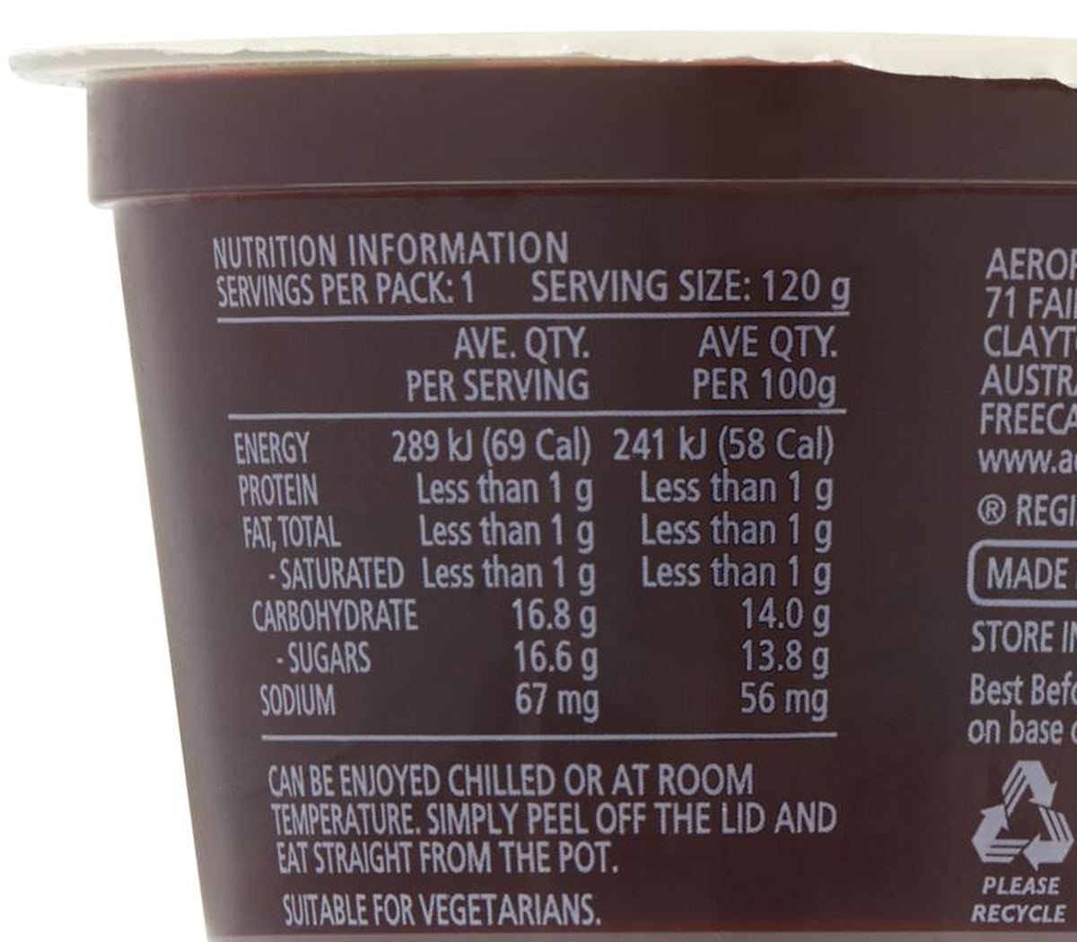 Pack photograph of Aeroplane Ready To Eat Jelly Cup Snack Blackcurrant Flavour 120g showing the printed nutrition panel