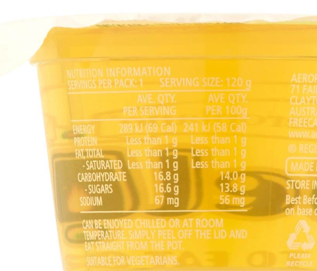 Pack photograph of Aeroplane Ready To Eat Jelly Cup Snack Pineapple Flavour 120g showing the printed nutrition panel