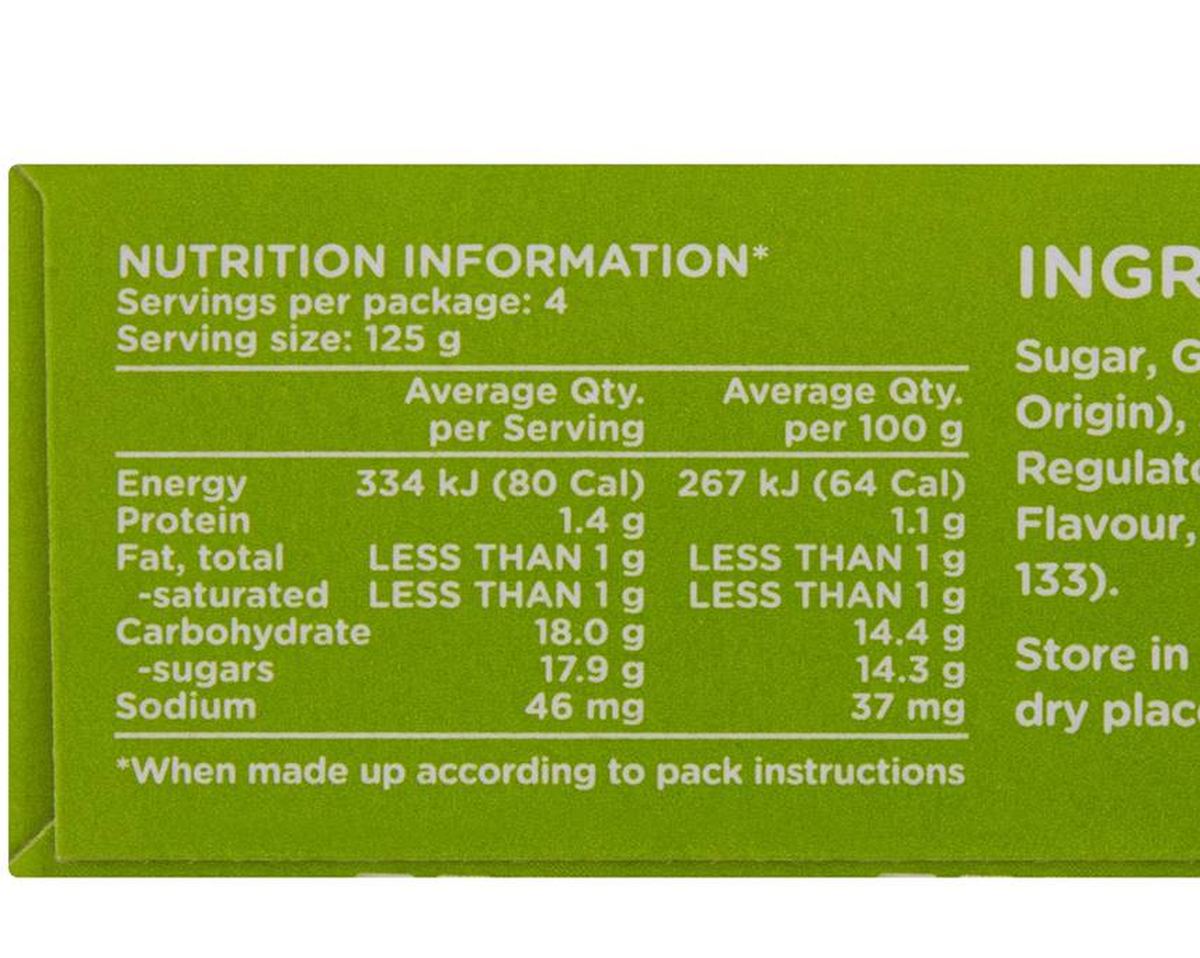 Pack photograph of Aeroplane Original Green Apple Flavoured Jelly 85g showing the printed nutrition panel
