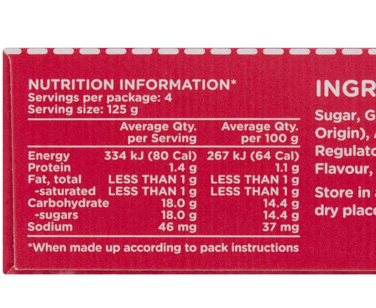 Pack photograph of Aeroplane Original Watermelon Flavoured Jelly 85g showing the printed nutrition panel