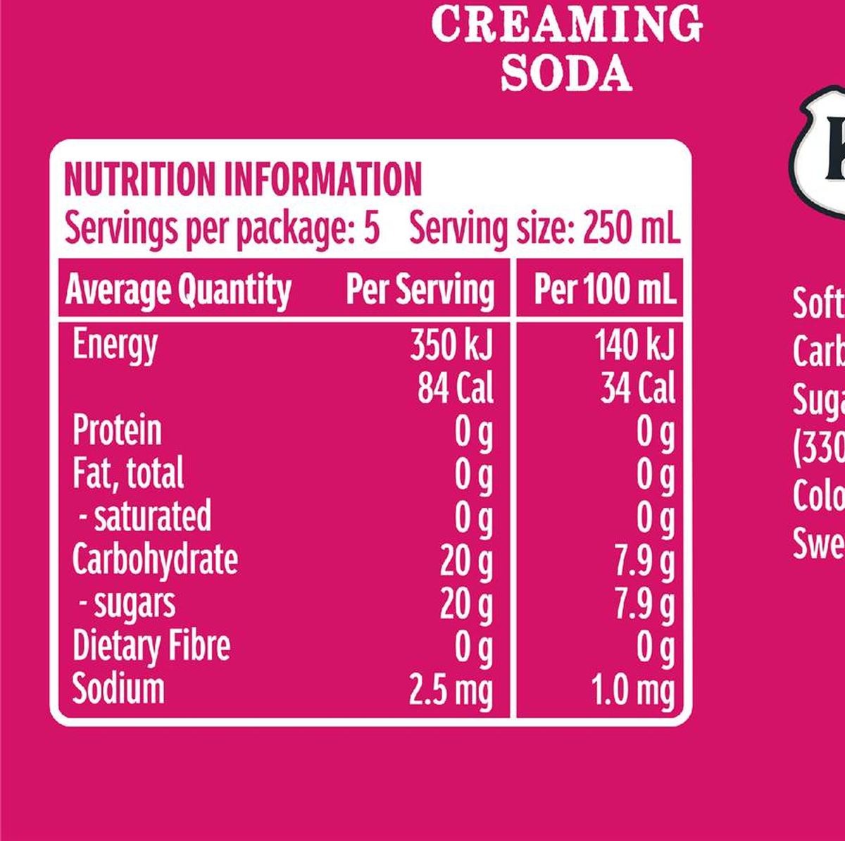Pack photograph of Kirks Creaming Soda Soft Drink Bottle 1.25L showing the printed nutrition panel