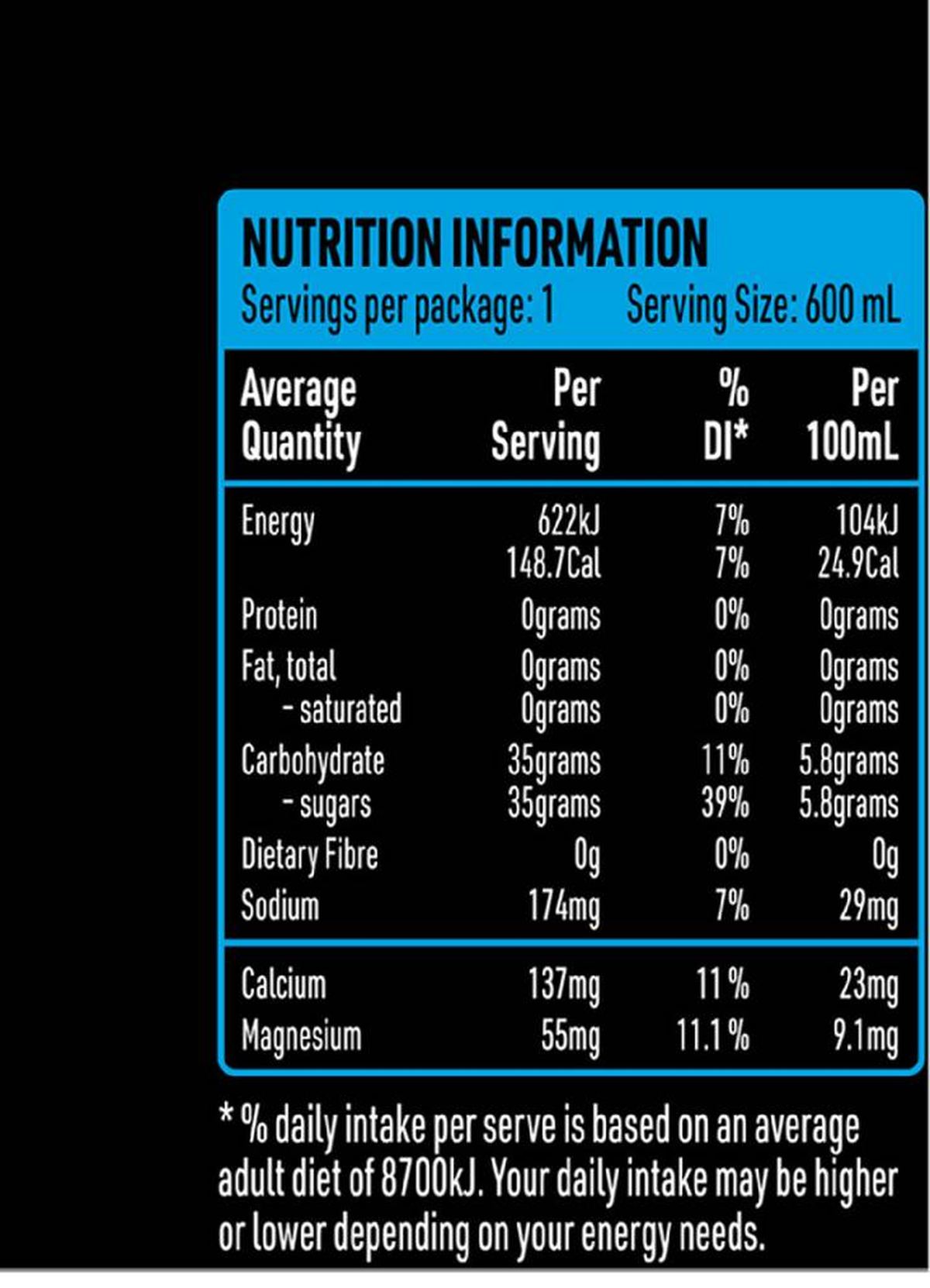 Pack photograph of Powerade ION4 Mountain Blast Sports Drink Sipper Cap 600mL showing the printed nutrition panel