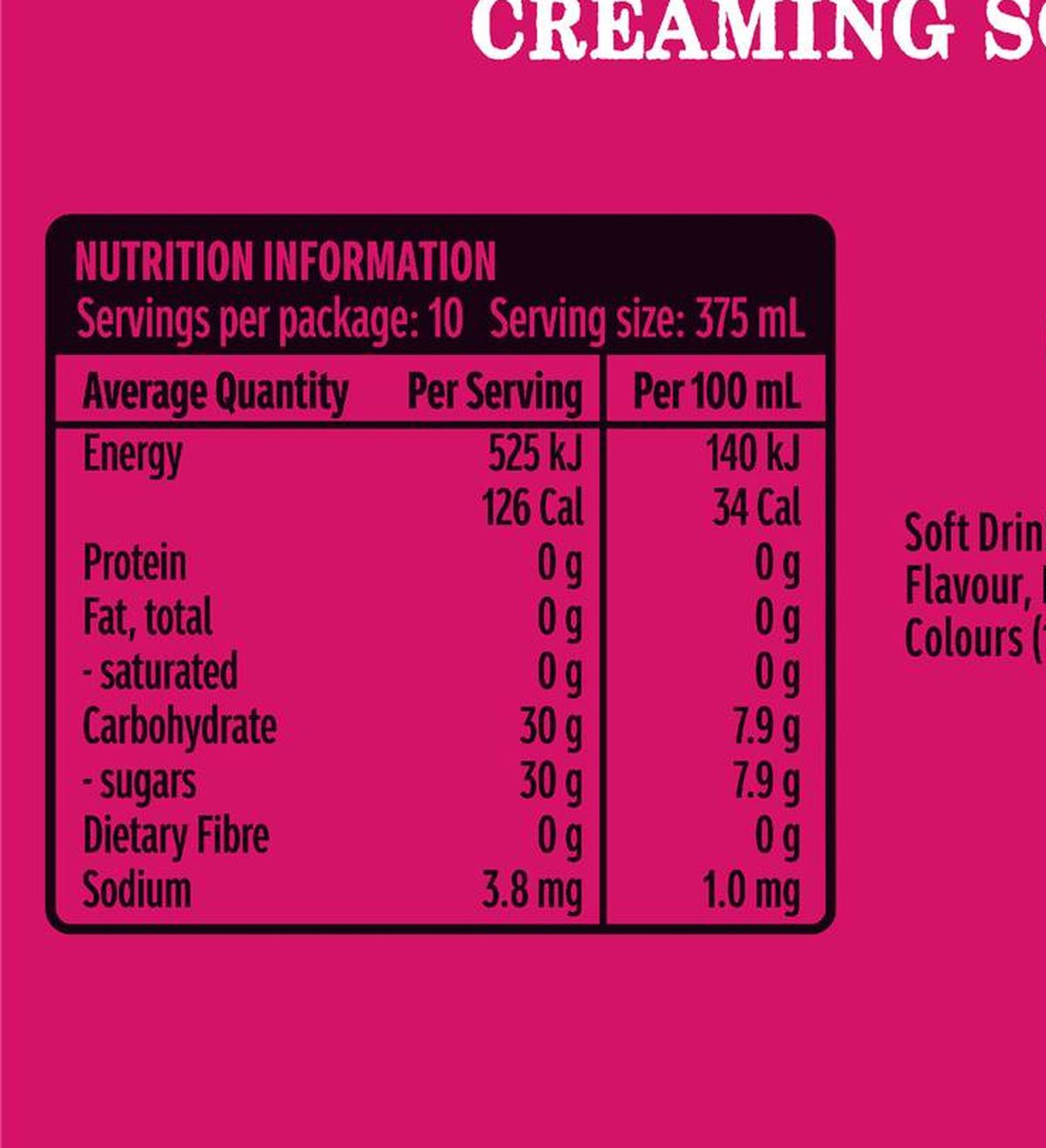 Pack photograph of Kirks Creaming Soda Cans 375mL x 10 pack showing the printed nutrition panel