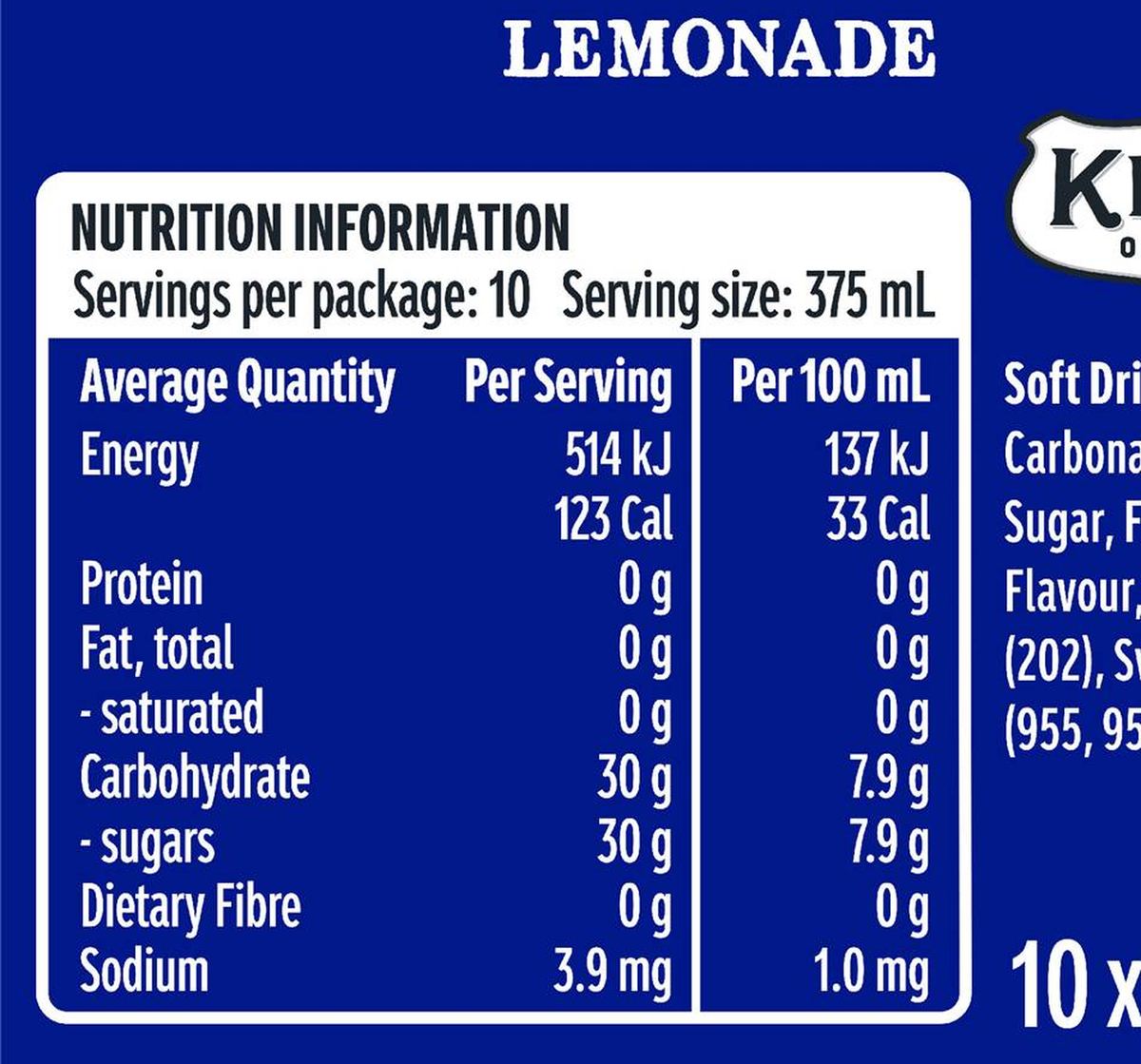 Pack photograph of Kirks Lemonade Soft Drink Cans 375mL x 10 pack showing the printed nutrition panel
