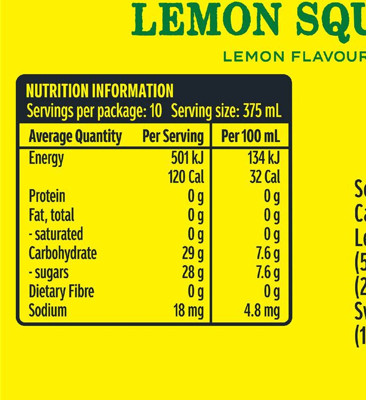 Pack photograph of Kirks Lemon Squash Soft Drink Cans 375mL x 10 pack showing the printed nutrition panel