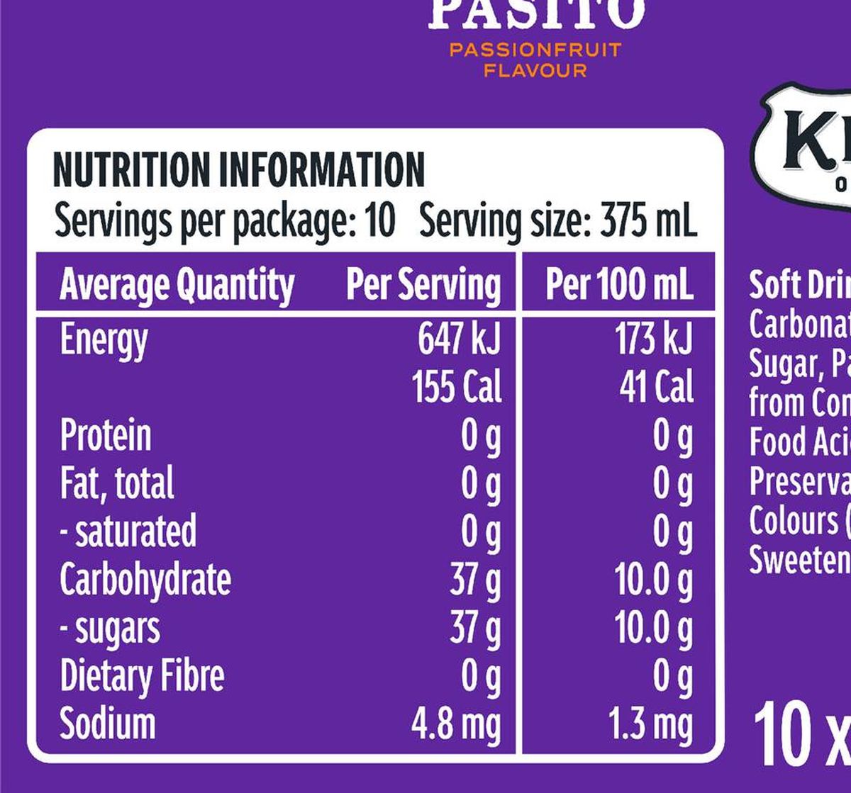Pack photograph of Kirks Pasito Soft Drink Cans 375mL x 10 pack showing the printed nutrition panel