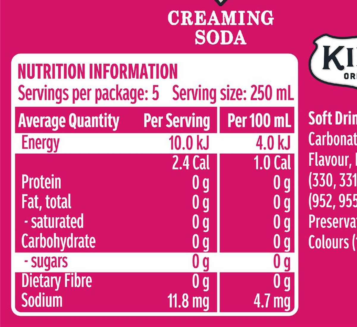 Pack photograph of Kirks Sugar Free Creaming Soda Soft Drink Bottle 1.25L showing the printed nutrition panel