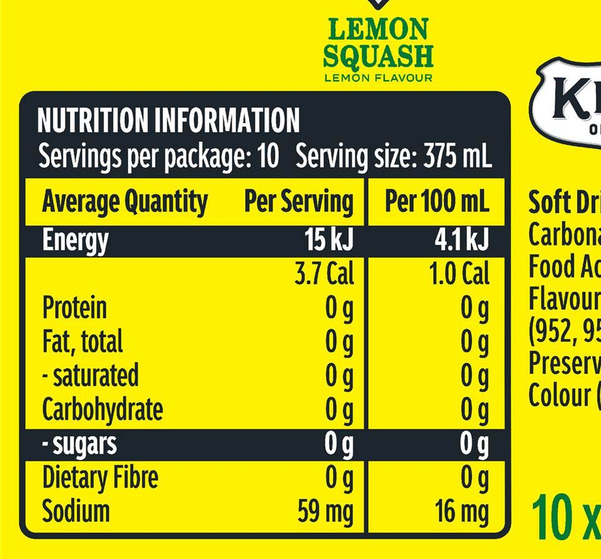 Pack photograph of Kirks Zero Sugar Lemon Squash Soft Drink Cans 375mL x 10 pack showing the printed nutrition panel
