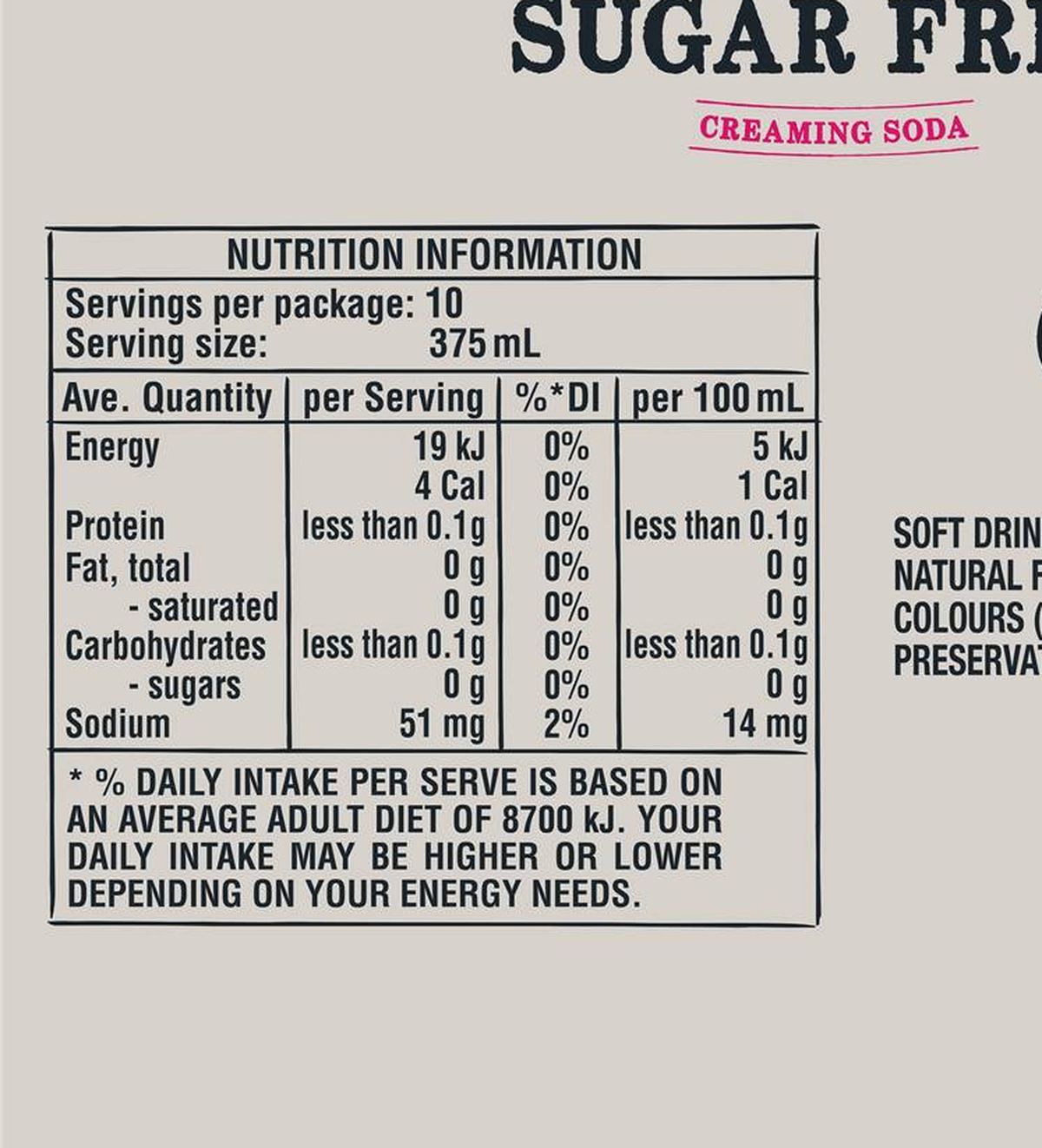 Pack photograph of Kirks Creaming Soda Sugar Free Soft Drink Cans 375mL x 10 pack showing the printed nutrition panel