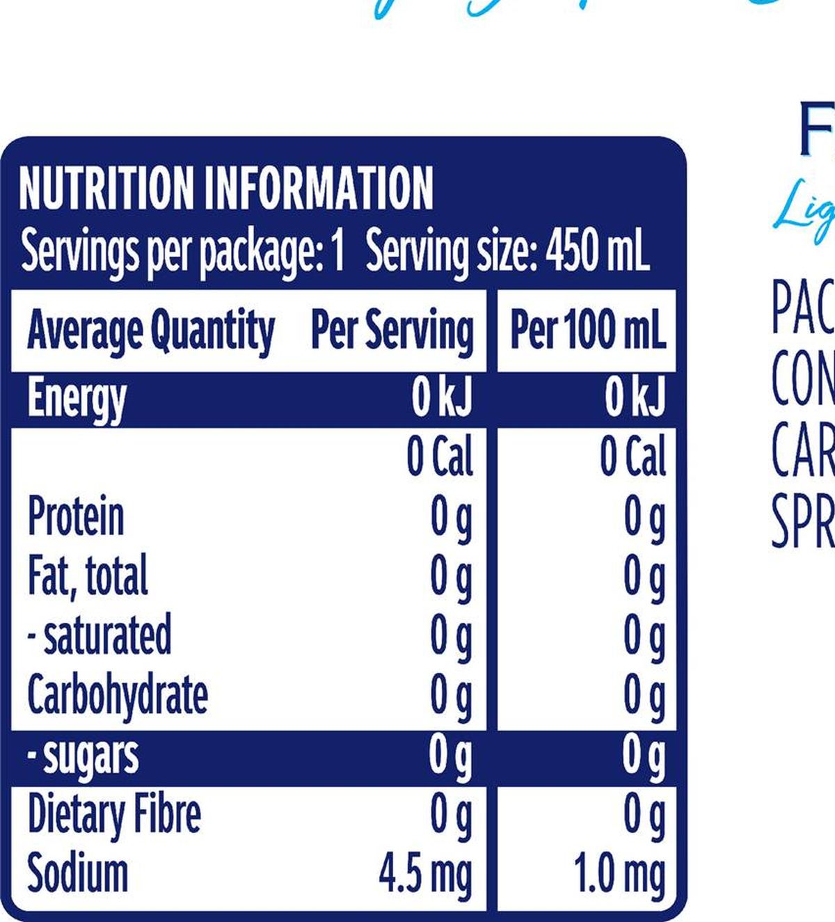 Pack photograph of Mount Franklin Lightly Sparkling Water 450mL showing the printed nutrition panel