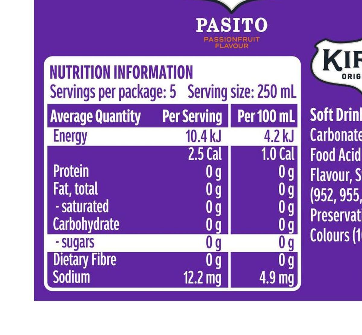 Pack photograph of Kirks Sugar Free Pasito Soft Drink Bottle 1.25L showing the printed nutrition panel