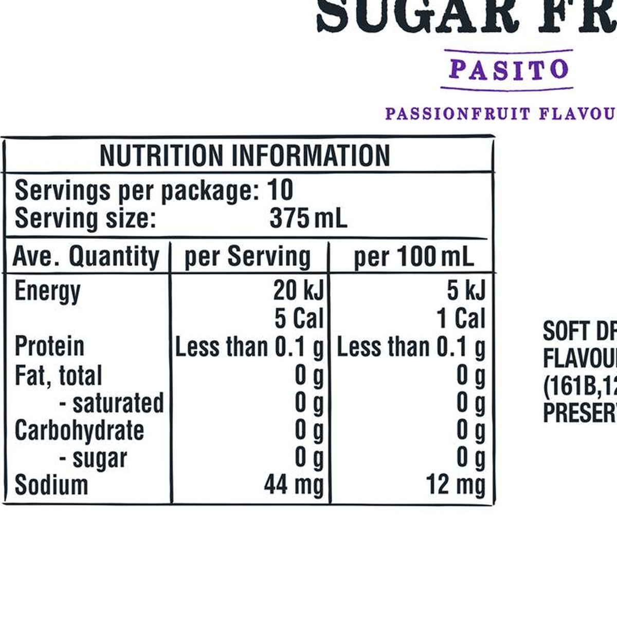 Pack photograph of Kirks Sugar Free Pasito Soft Cans Bottle 375mL x 10 pack showing the printed nutrition panel