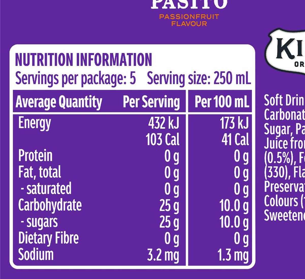 Pack photograph of Kirks Pasito Soft Drink Bottle 1.25L showing the printed nutrition panel
