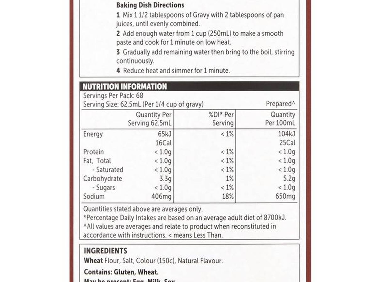Pack photograph of Woolworths Essentials Traditional Gravy Mix 425g showing the printed nutrition panel
