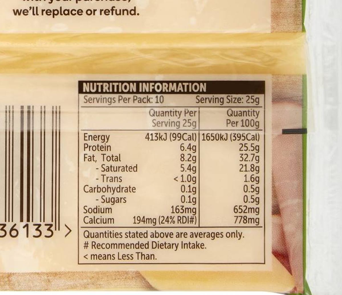 Pack photograph of Woolworths Tasty Cheese Block 250g showing the printed nutrition panel