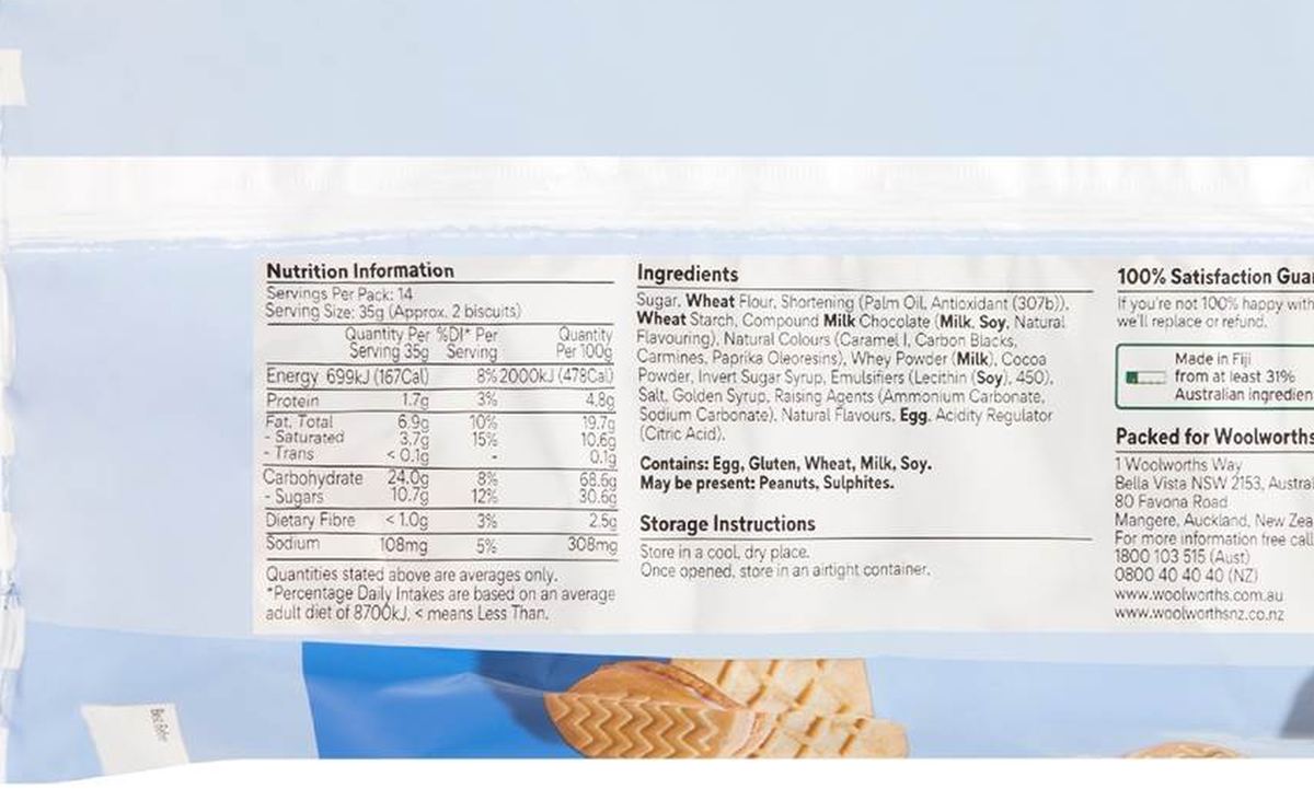 Pack photograph of Woolworths Creams Assorted Biscuits 500g showing the printed nutrition panel