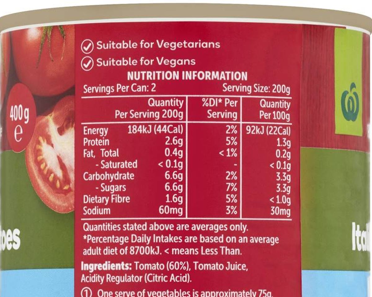 Pack photograph of Woolworths Diced Italian Tomatoes 400g showing the printed nutrition panel