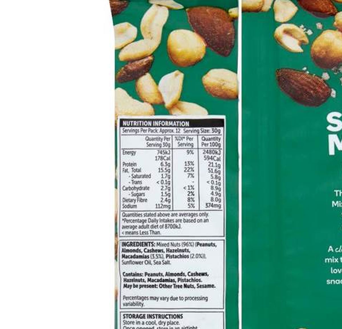 Pack photograph of Woolworths Salted Mixed Nuts 375g showing the printed nutrition panel