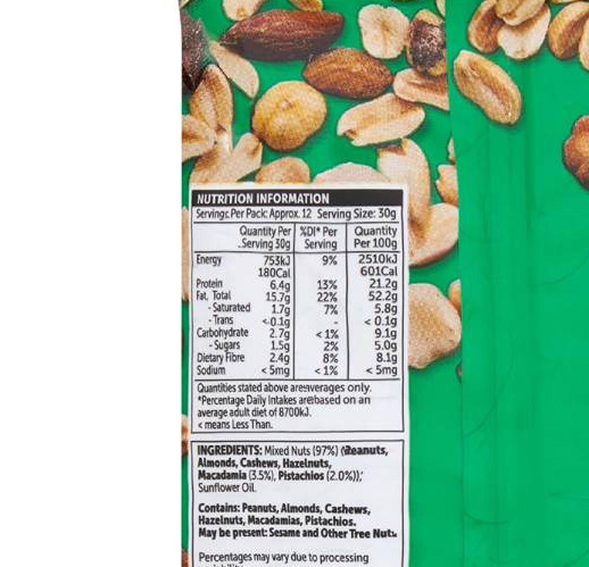 Pack photograph of Woolworths Unsalted Mixed Nuts 375g showing the printed nutrition panel