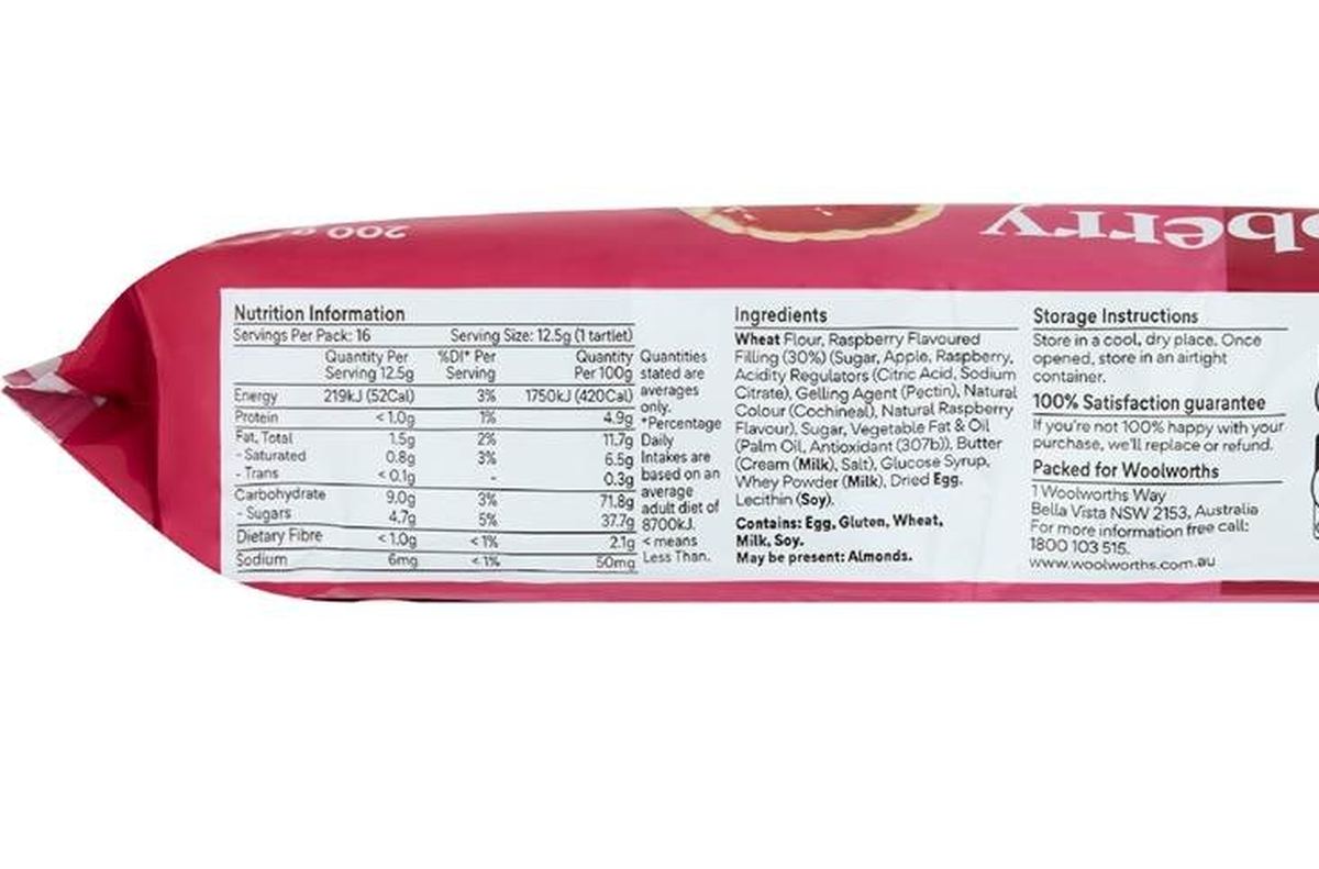 Pack photograph of Woolworths Raspberry Tartlets 200g showing the printed nutrition panel