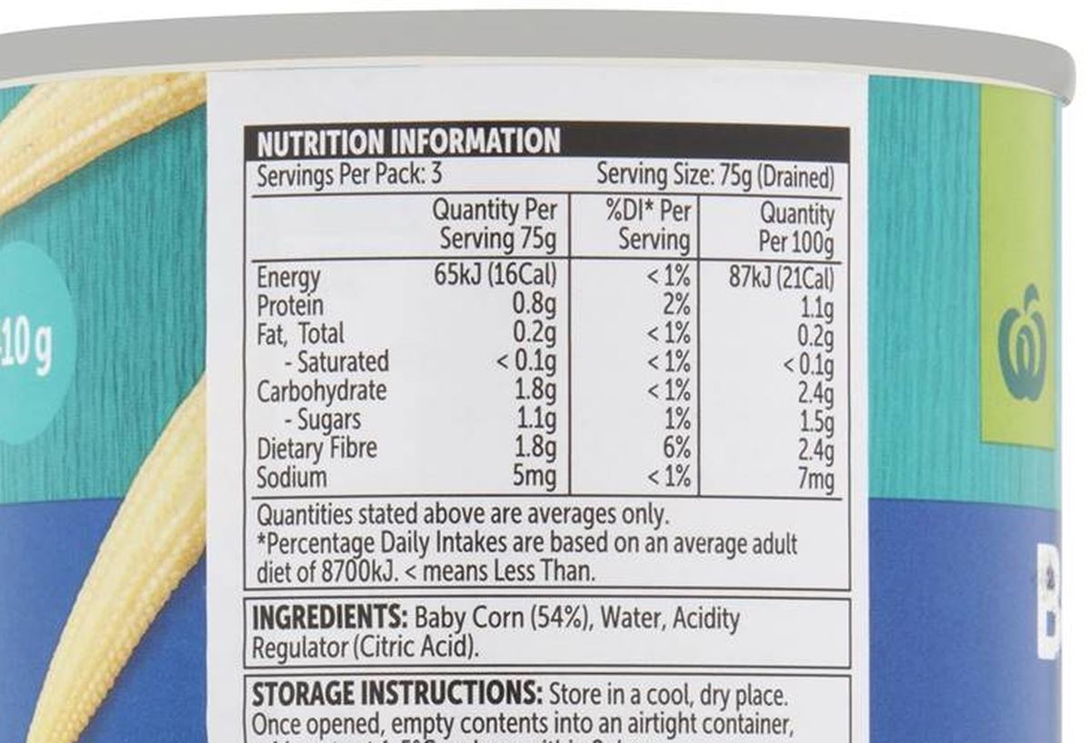 Pack photograph of Woolworths Baby Corn Spears 410g showing the printed nutrition panel
