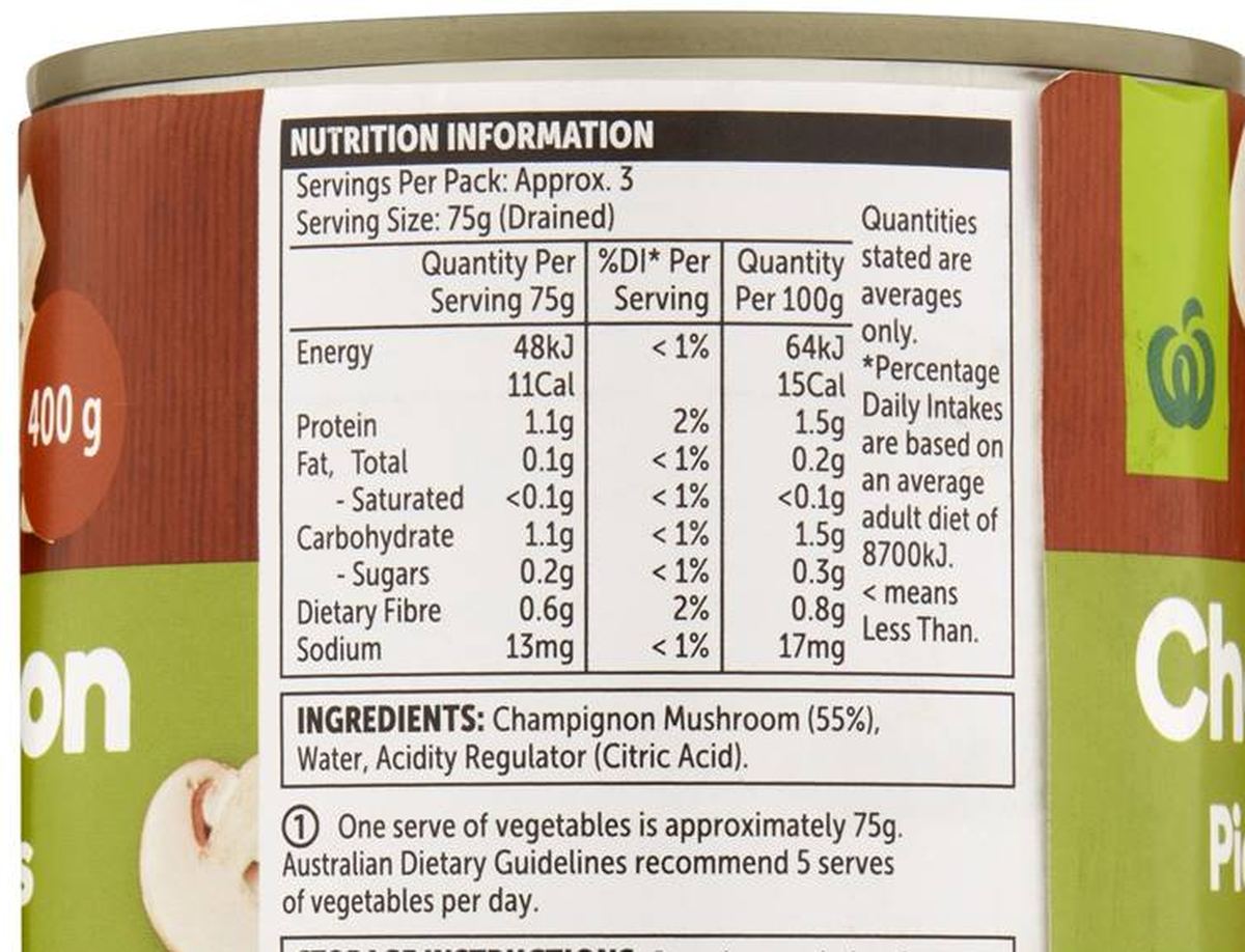 Pack photograph of Woolworths Champignons Pieces & Stems 400g showing the printed nutrition panel