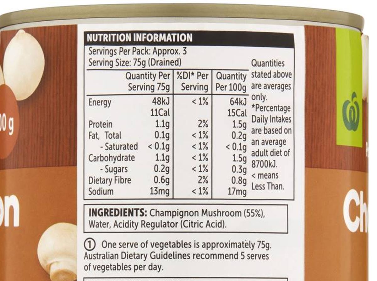 Pack photograph of Woolworths Champignon Whole 400g showing the printed nutrition panel