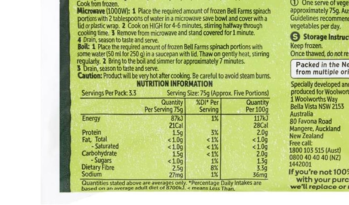 Pack photograph of Bell Farms Frozen Chopped Spinach Portions 250g showing the printed nutrition panel