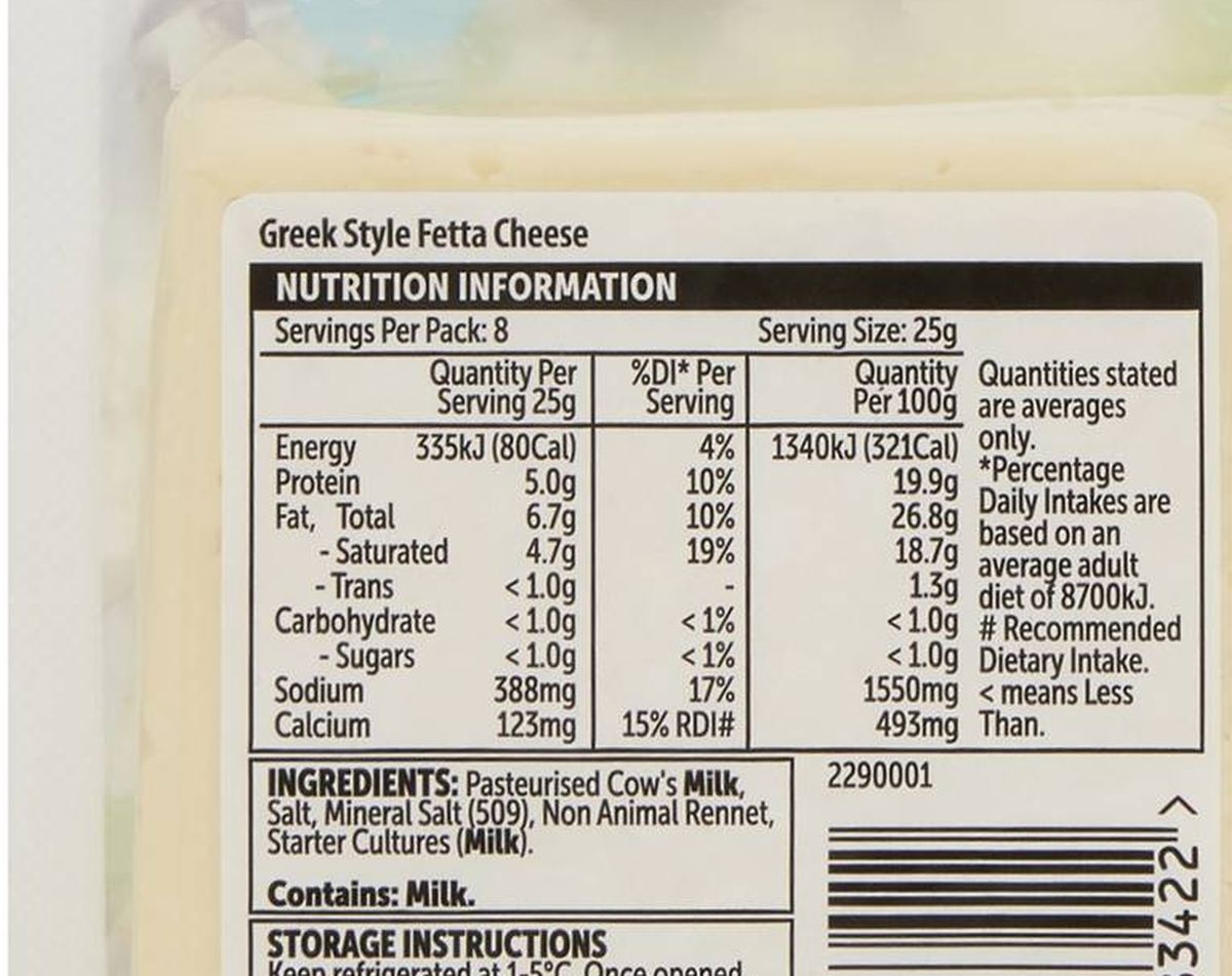 Pack photograph of Woolworths Greek Style Fetta 200g showing the printed nutrition panel