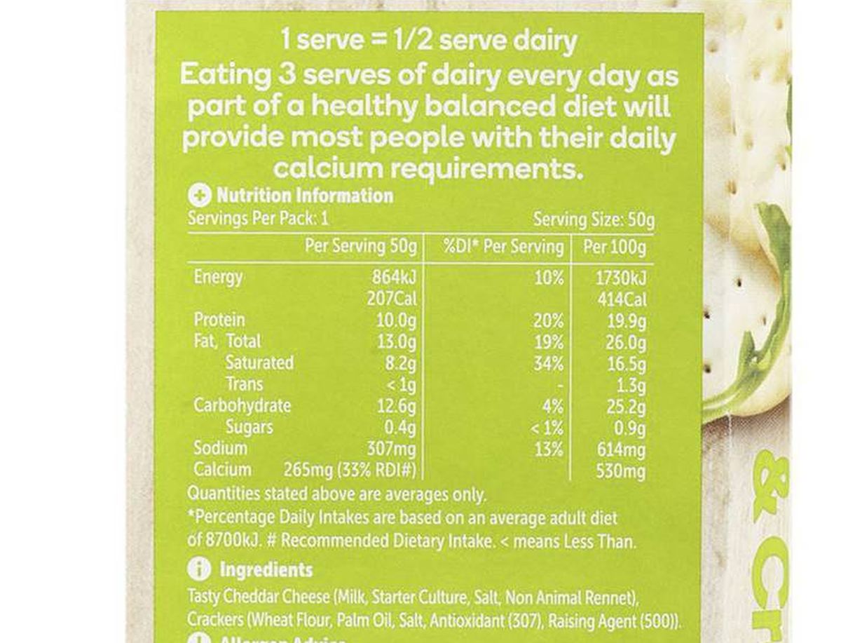 Pack photograph of Woolworths Natural Tasty Cheese & Crackers 50g showing the printed nutrition panel