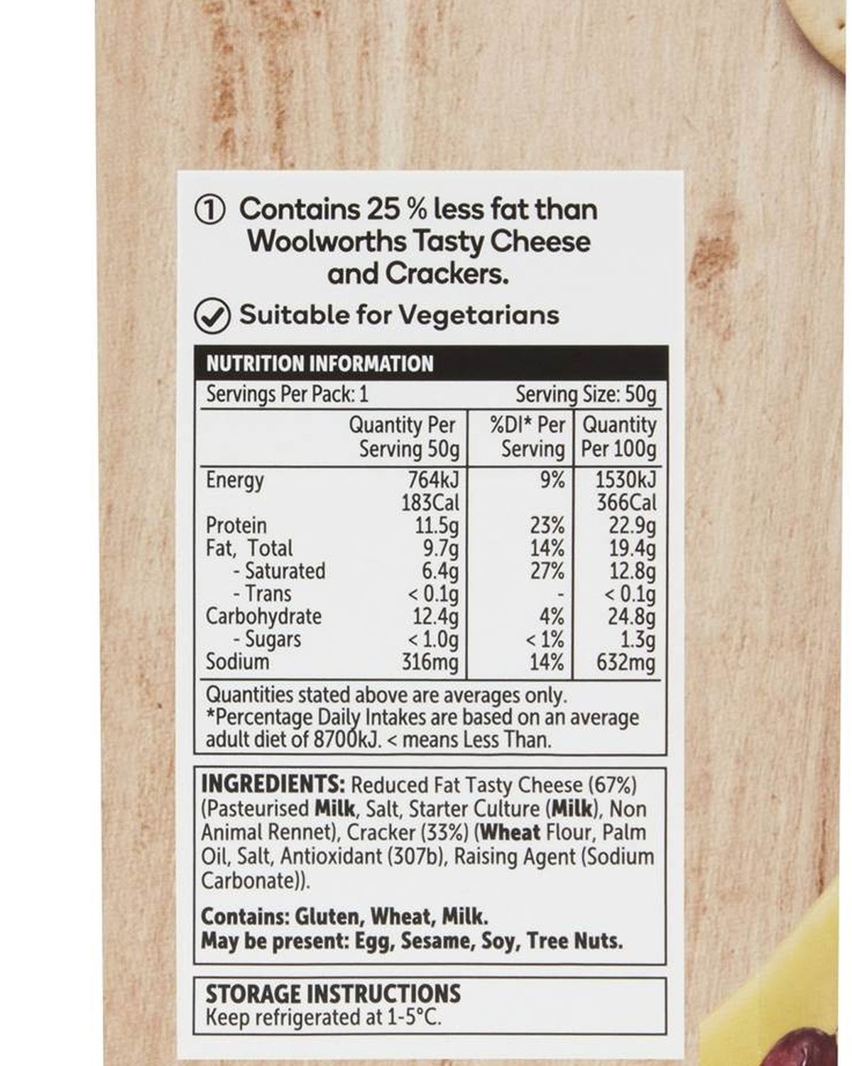 Pack photograph of Woolworths Cheese & Crackers Light Tasty 50g showing the printed nutrition panel