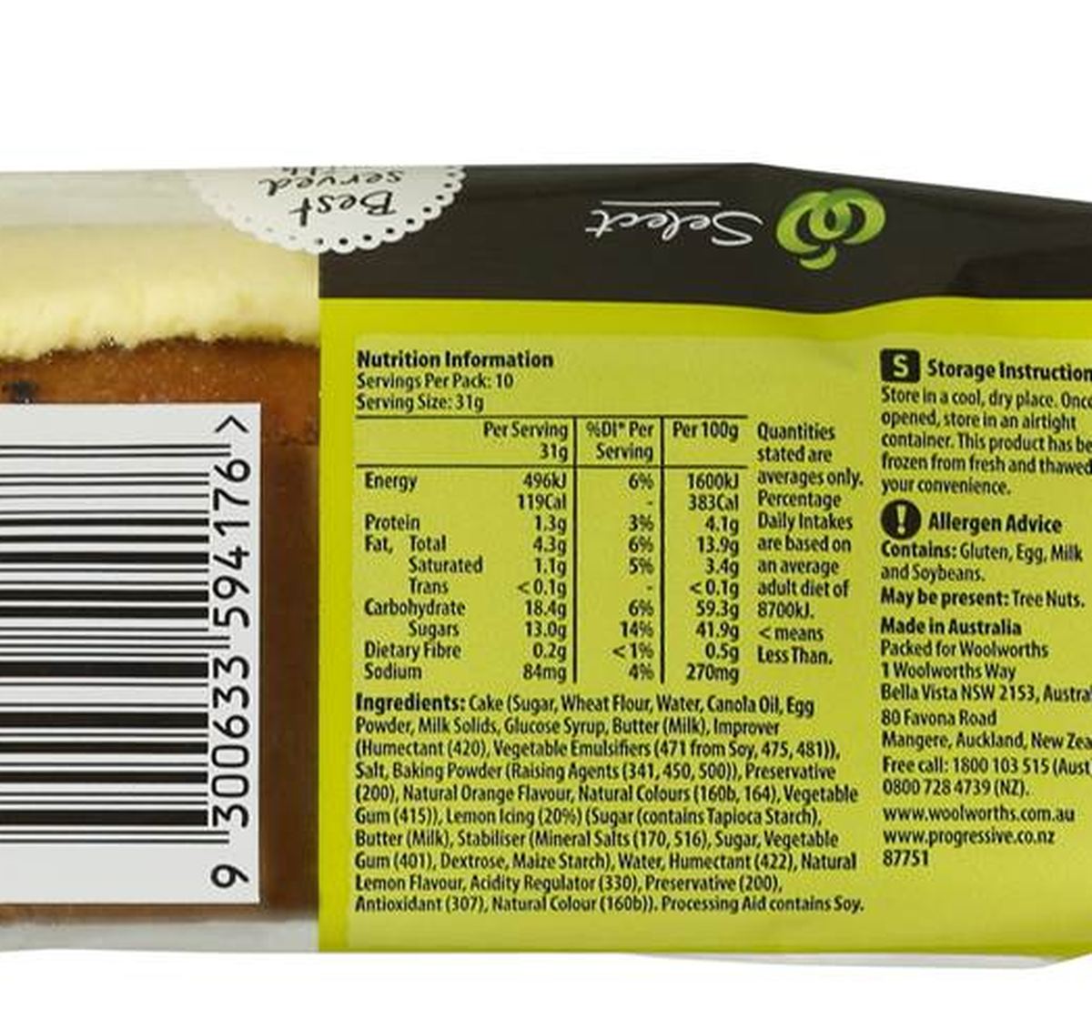 Pack photograph of Woolworths Lemon Madeira Cake 315g showing the printed nutrition panel