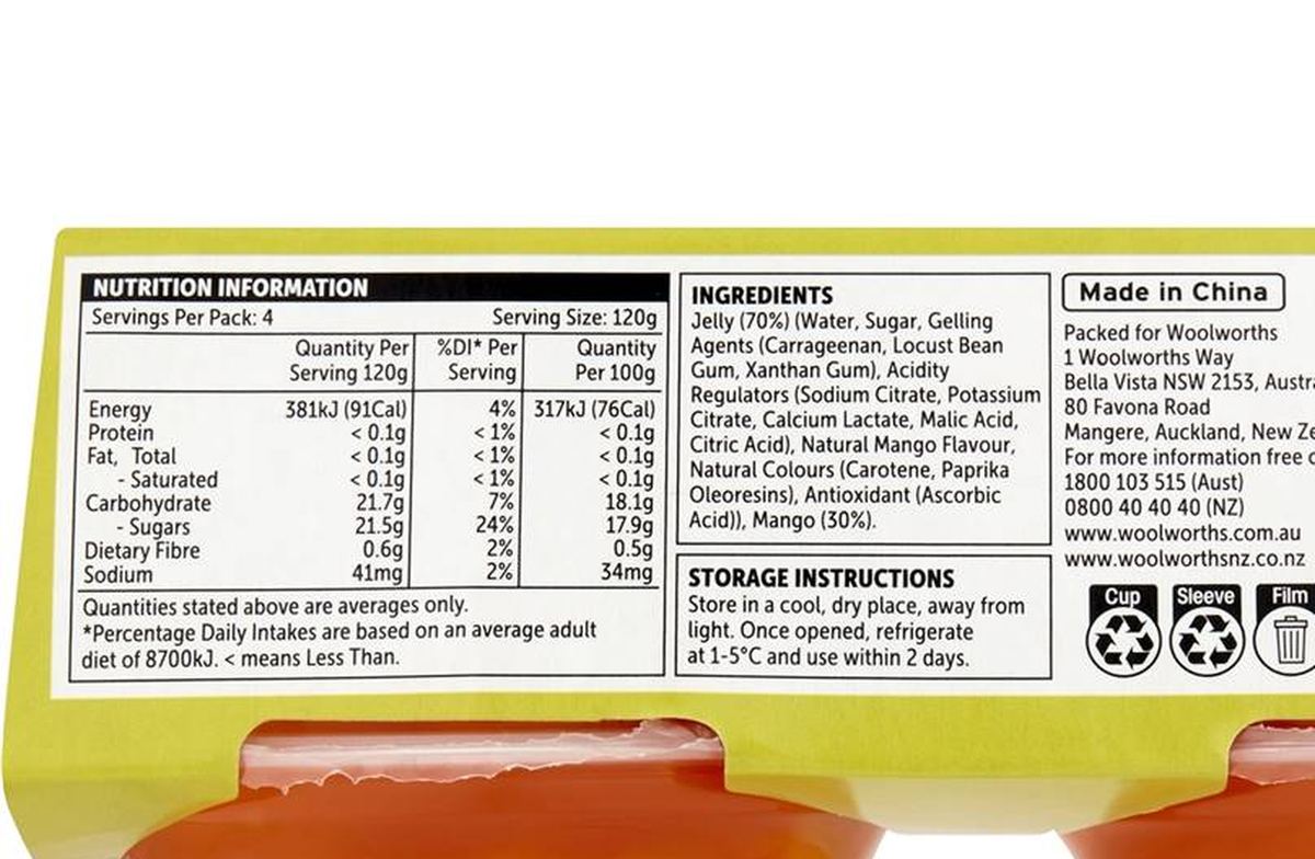 Pack photograph of Woolworths Mango In Mango Jelly 4 pack showing the printed nutrition panel