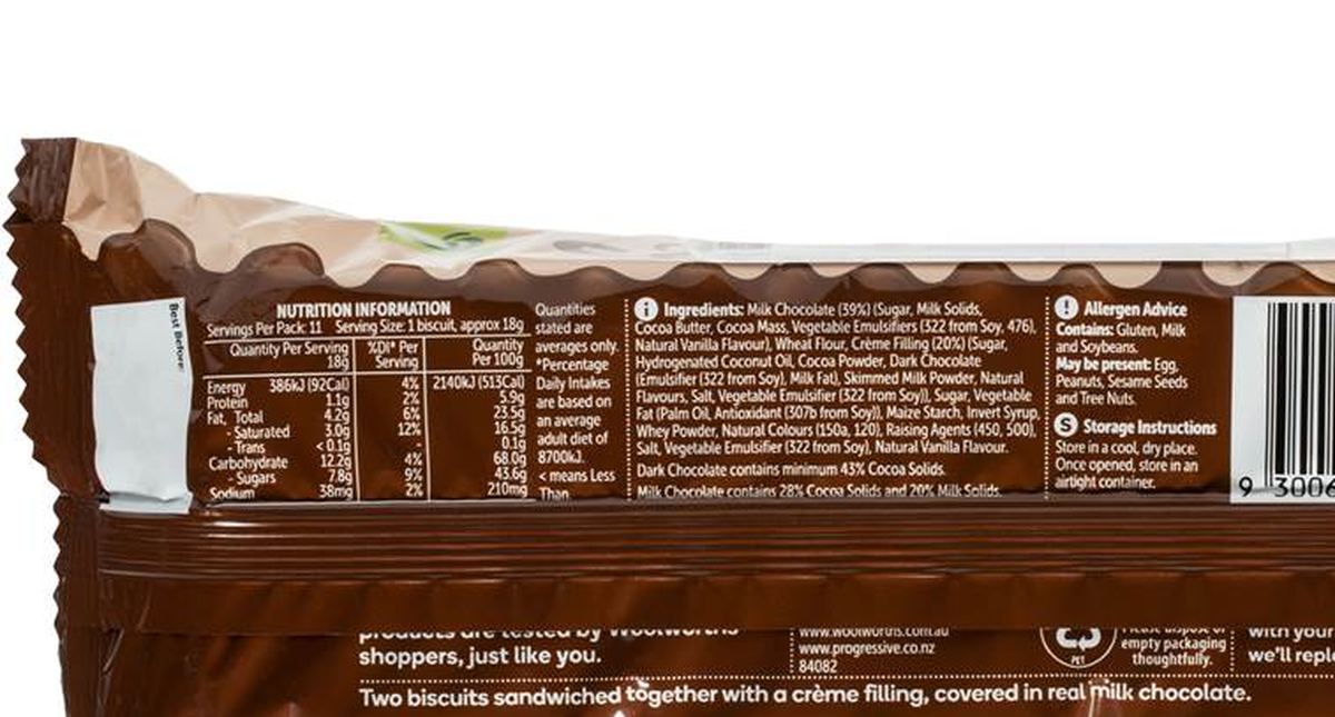 Pack photograph of Woolworths Chocolate Slams Biscuits 200g showing the printed nutrition panel