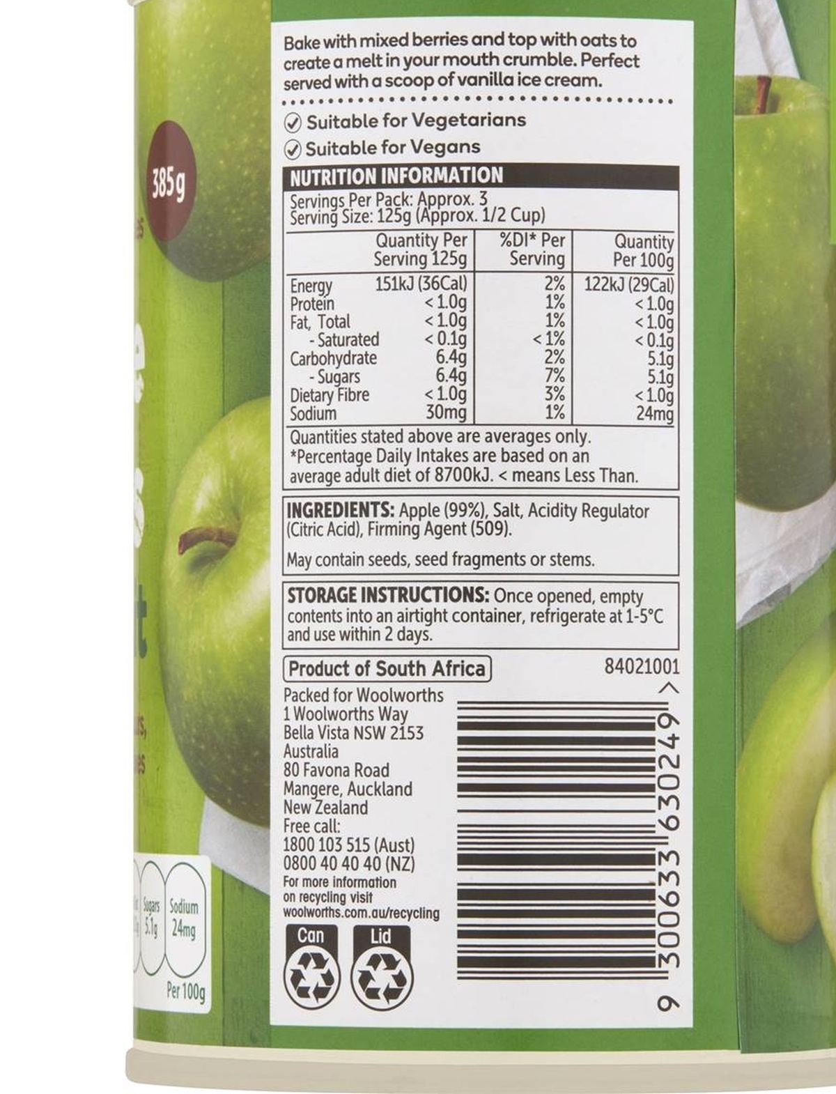 Pack photograph of Woolworths Apple Slices Pie Fruit 385g showing the printed nutrition panel