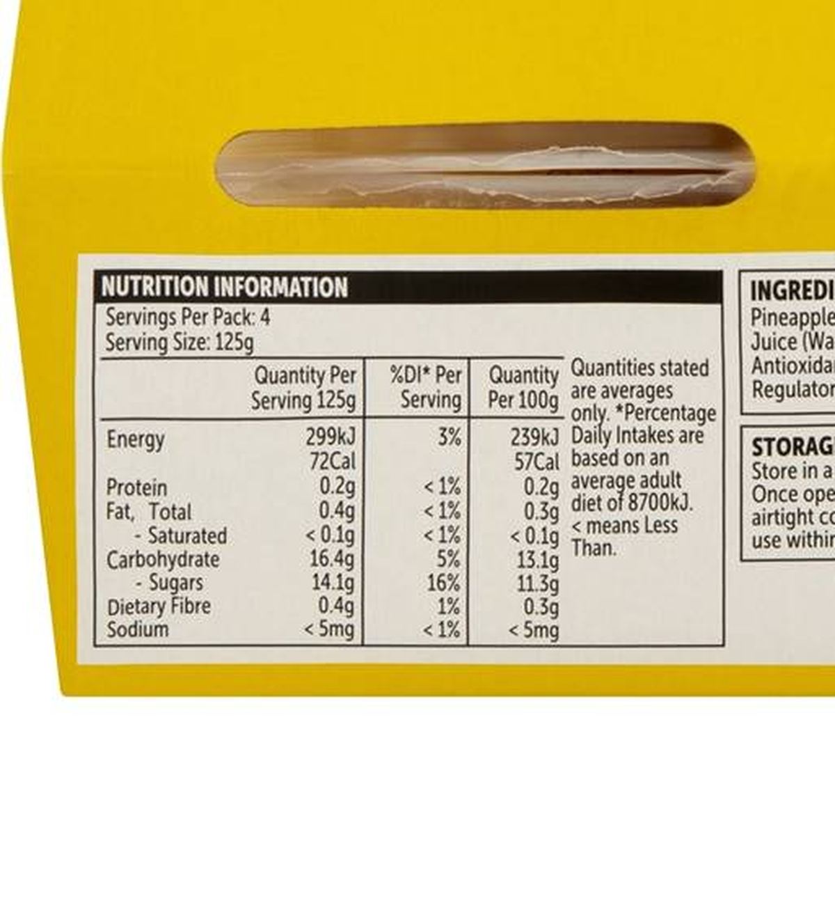 Pack photograph of Woolworths Pineapple In Juice 4 pack showing the printed nutrition panel