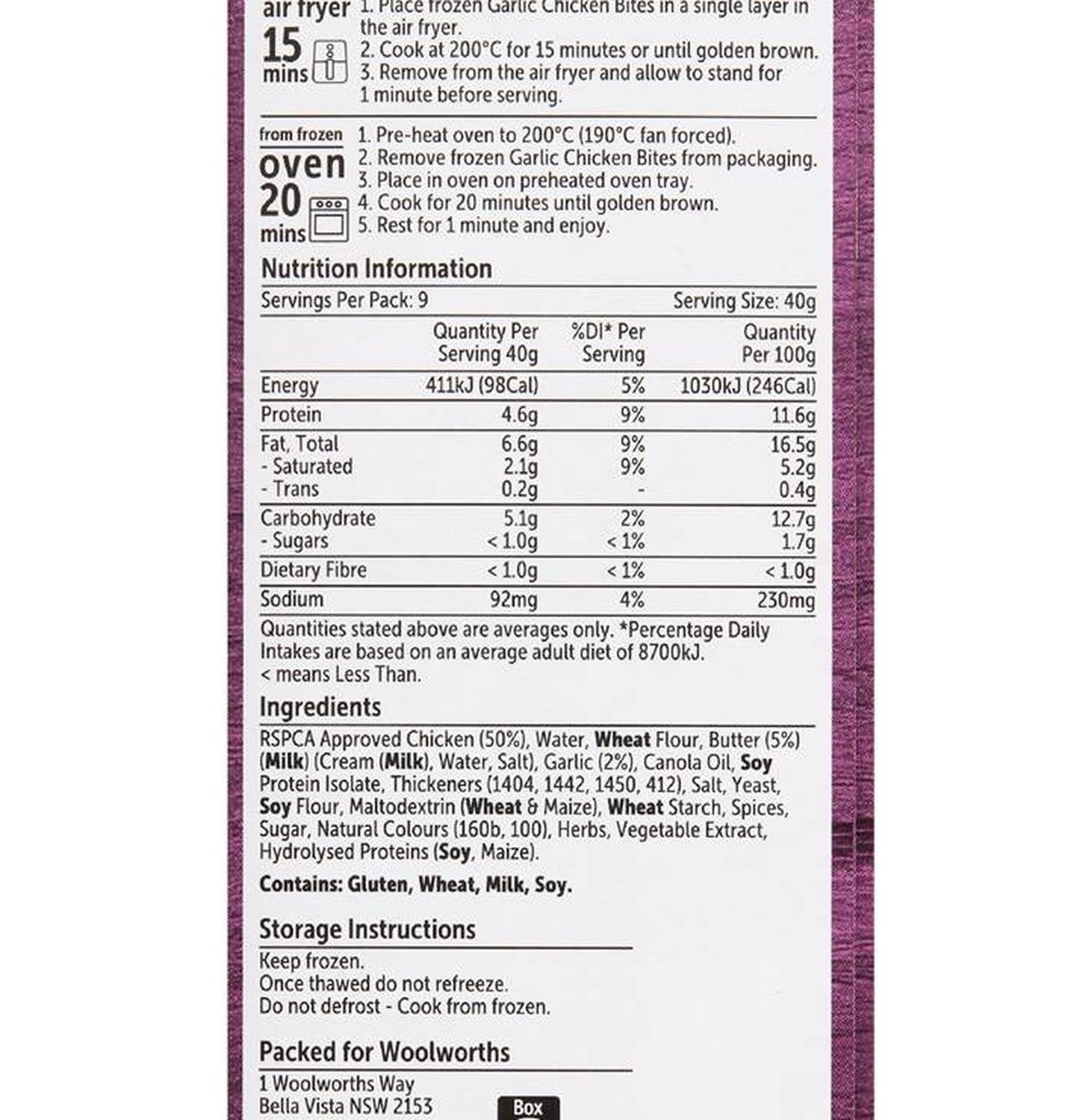 Pack photograph of Woolworths Garlic Chicken Bites 360g showing the printed nutrition panel