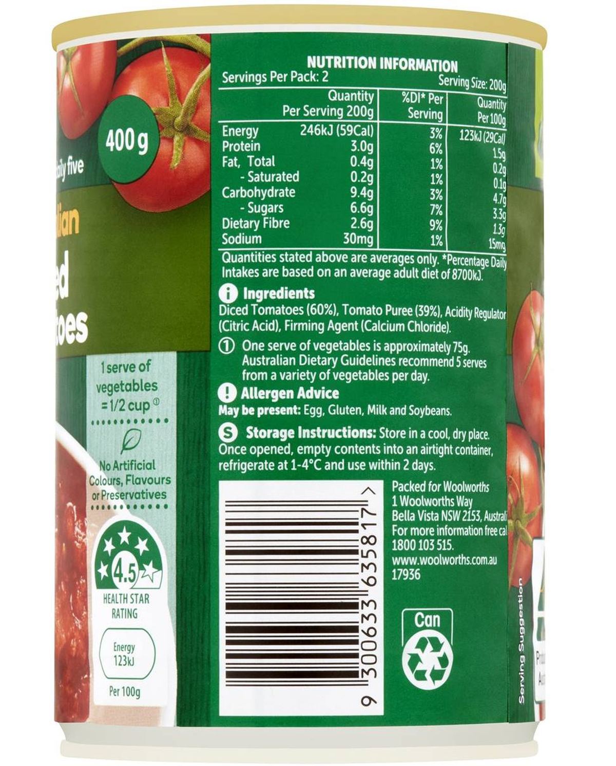 Pack photograph of Woolworths Diced Australian Tomatoes 400g showing the printed nutrition panel