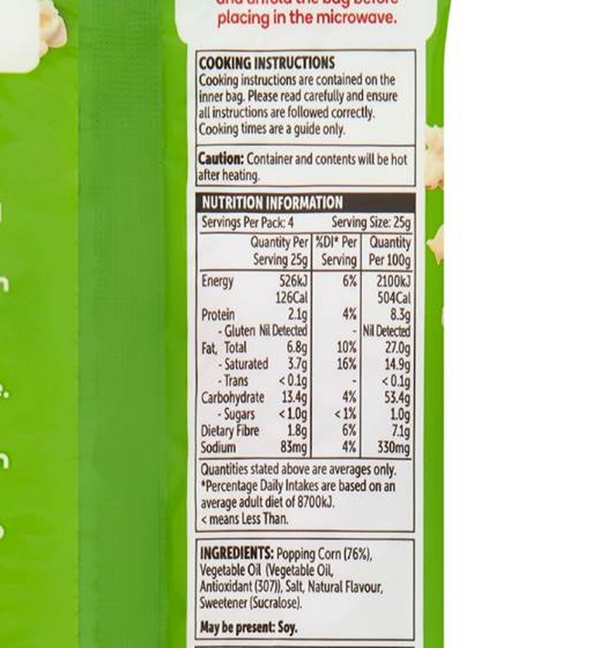 Pack photograph of Woolworths Sweet & Salty Microwave Popcorn 100g showing the printed nutrition panel