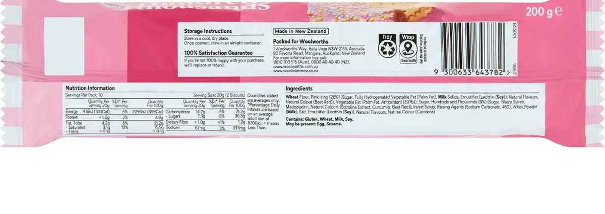 Pack photograph of Woolworths Hundreds & Thousands Biscuits 200g showing the printed nutrition panel