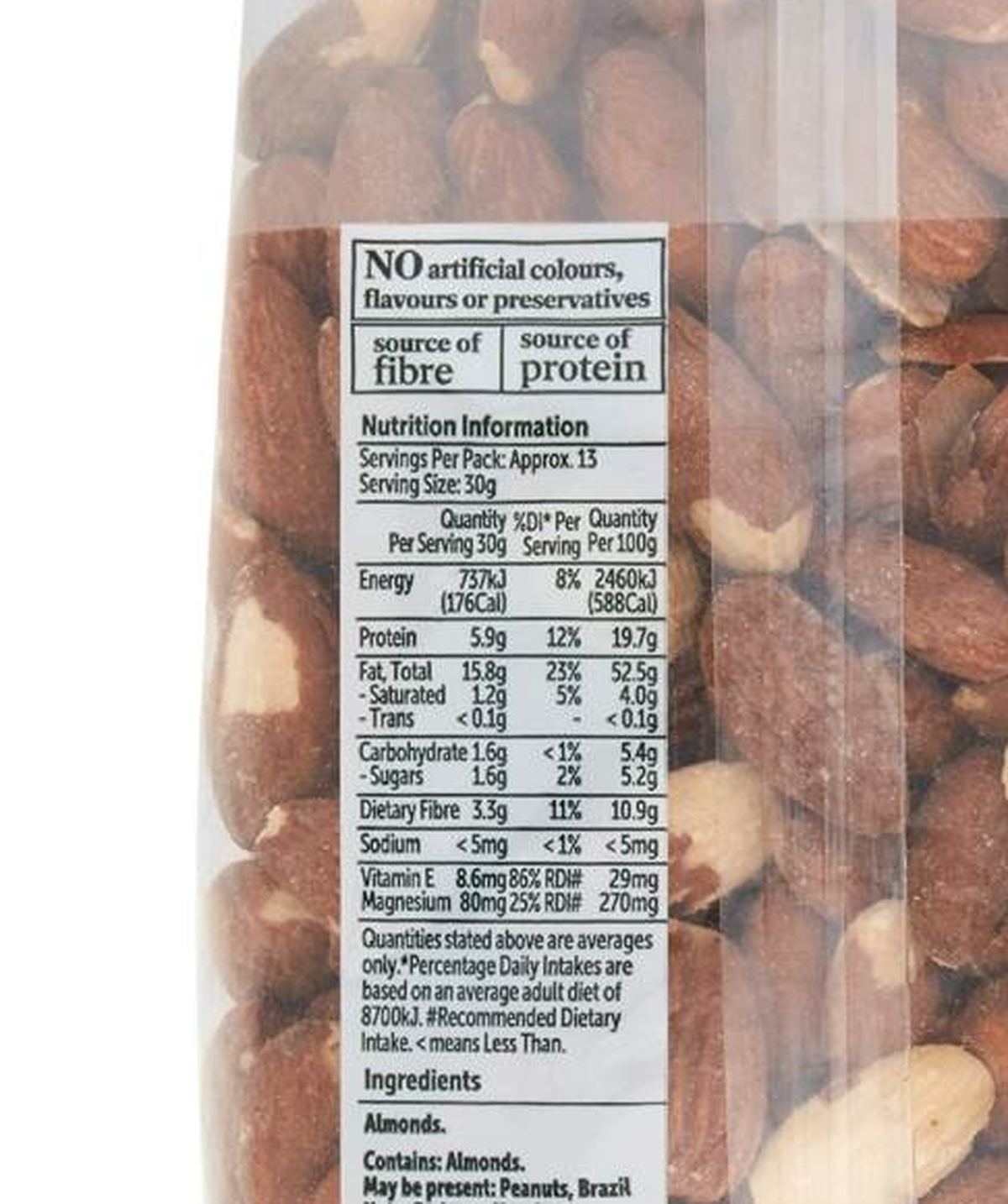 Pack photograph of Woolworths Dry Roasted Almonds Nuts 400g showing the printed nutrition panel