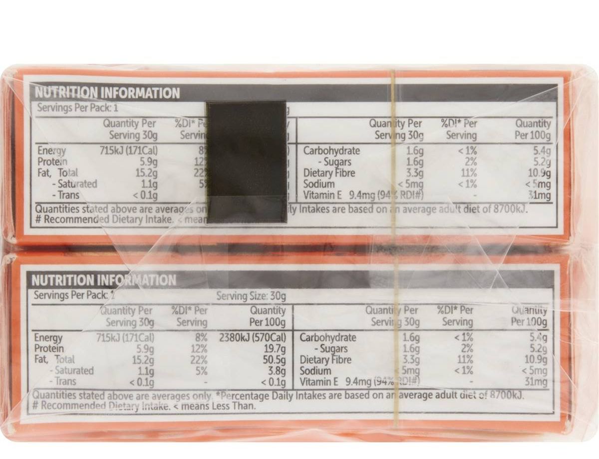 Pack photograph of Woolworths Natural Almonds 30g x 6 pack showing the printed nutrition panel