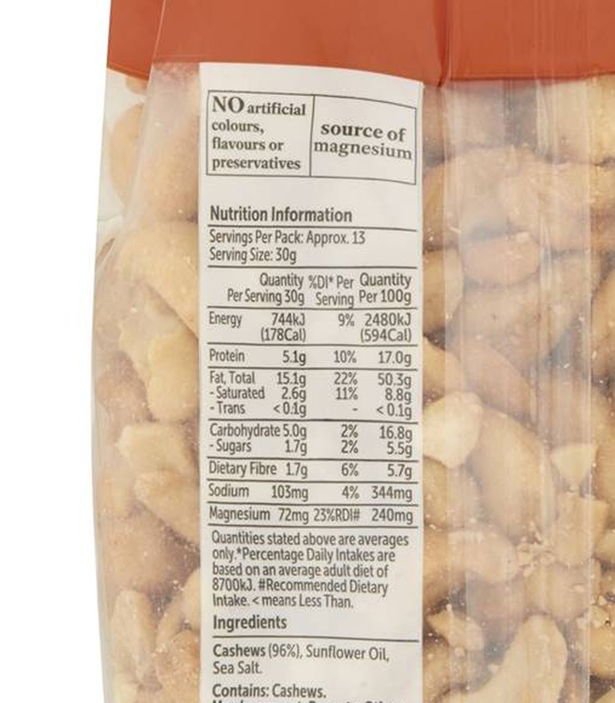Pack photograph of Woolworths Cashew 400g showing the printed nutrition panel