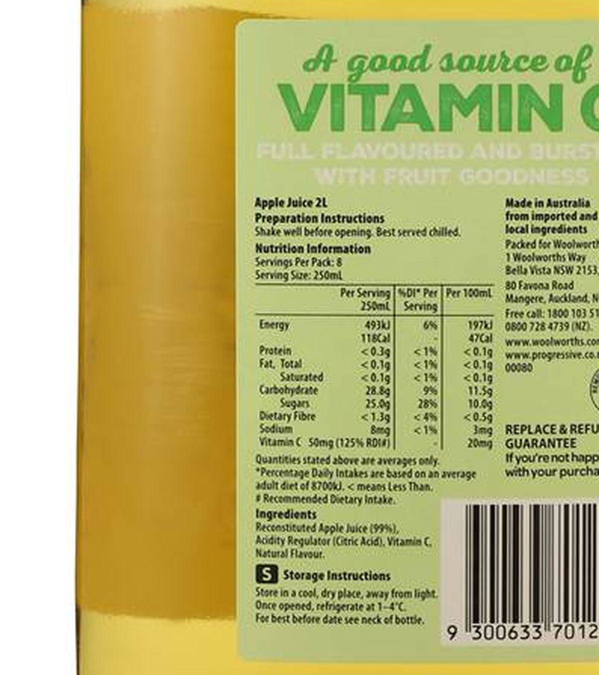 Pack photograph of Woolworths Apple Juice 2L showing the printed nutrition panel