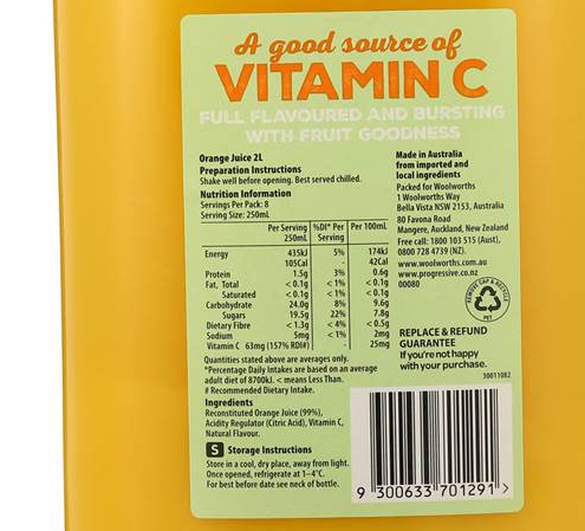 Pack photograph of Woolworths Orange Juice 2L showing the printed nutrition panel