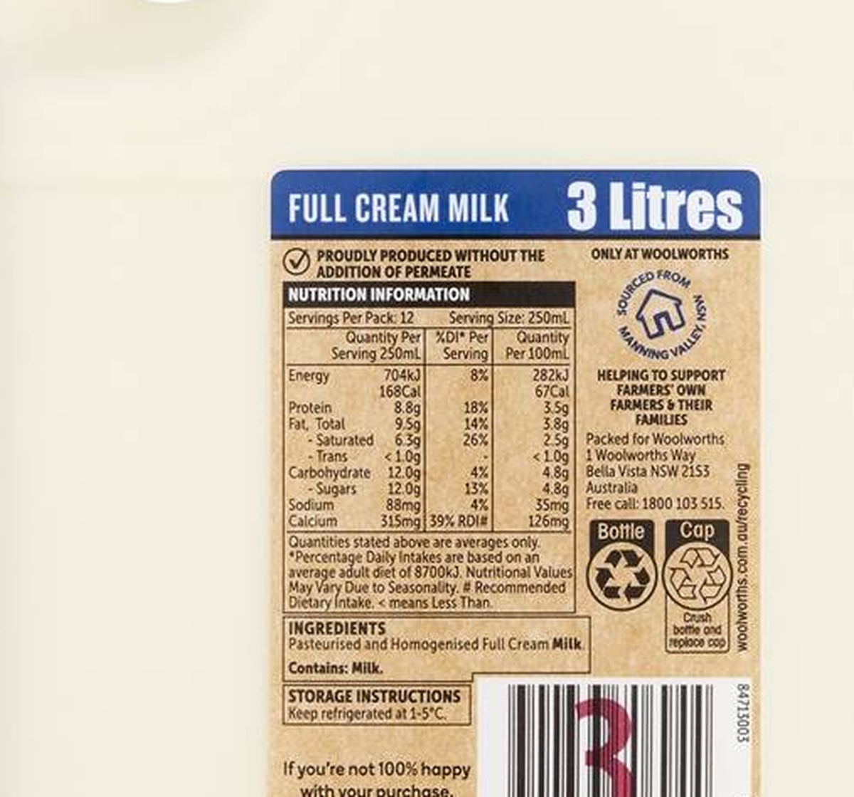 Pack photograph of Farmers Own Full Cream Milk 3L showing the printed nutrition panel